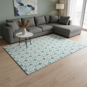 HomeRoots 9' X 12' Stylish Teal & Ivory Geometric Washable Area Rug with UV Protection for Durability & Comfort 673758