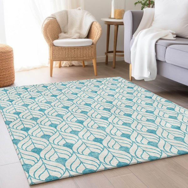 HomeRoots 9' X 12' Stylish Teal & Ivory Geometric Washable Area Rug with UV Protection for Durability & Comfort 673758