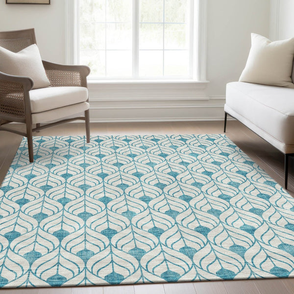 HomeRoots 9' X 12' Stylish Teal & Ivory Geometric Washable Area Rug with UV Protection for Durability & Comfort 673758