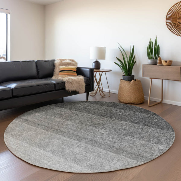 HomeRoots 8' Black and Gray Ombre Round Rug – Stylish Washable Design with UV Protection for Modern Homes 673768