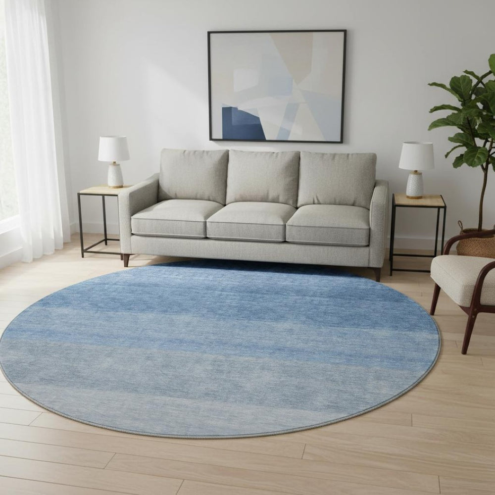 HomeRoots 8' Stylish Blue and Ivory Ombre Round Rug – Washable, UV Protected, Perfect for High-Traffic Areas 673774
