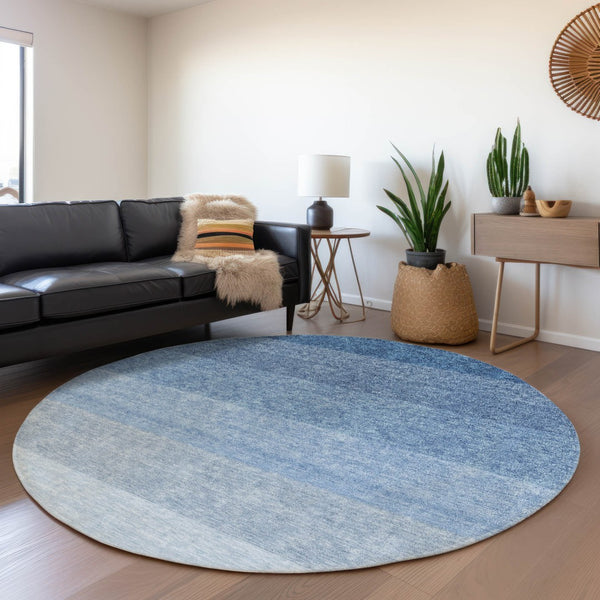 HomeRoots 8' Stylish Blue and Ivory Ombre Round Rug – Washable, UV Protected, Perfect for High-Traffic Areas 673774