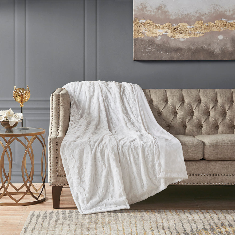 JLA Home Madison Park - Oversized Plush Faux Fur Throw with Reversible Faux Mink, OEKO-TEX Certified Cozy Luxury Draped Elegance White MP50-7191