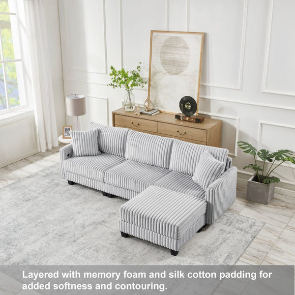 English Elm 100-inch Corduroy Sectional Sofa Modular L-shape with Dual Charging Ports Living Room W3480S00004