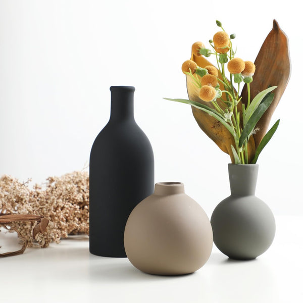 English Elm Rustic Matte Ceramic Vase Trio Neutral Tones Shelf Mantel Farmhouse Boho Decor Black+ Gray W2181P475133