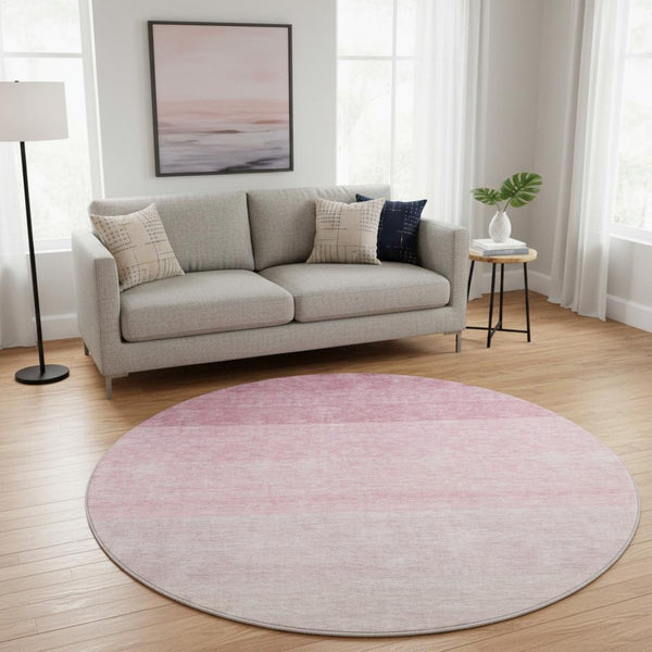 HomeRoots 8' Pink Ombre Round Rug - Washable, UV Protected, Stain-Resistant for High-Traffic Living Spaces! 673804