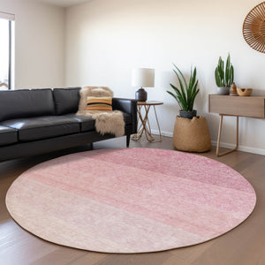 HomeRoots 8' Pink Ombre Round Rug - Washable, UV Protected, Stain-Resistant for High-Traffic Living Spaces! 673804
