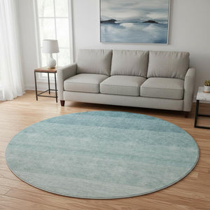 HomeRoots 8' Teal Ombre Round Rug - Washable, UV Protected, Stylish Design for Homes with Kids & Pets 673816