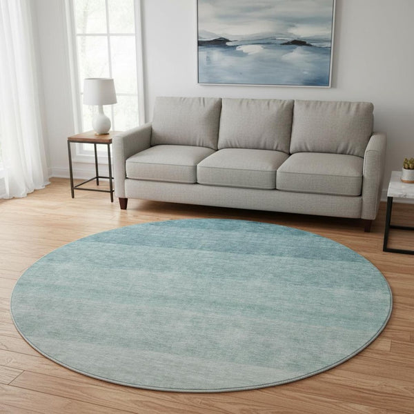 HomeRoots 8' Teal Ombre Round Rug - Washable, UV Protected, Stylish Design for Homes with Kids & Pets 673816