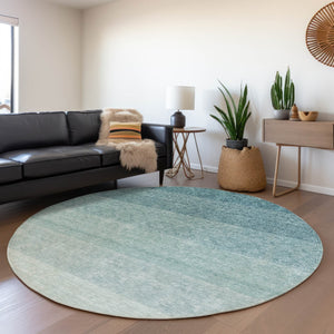 HomeRoots 8' Teal Ombre Round Rug - Washable, UV Protected, Stylish Design for Homes with Kids & Pets 673816
