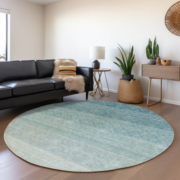HomeRoots 8' Teal Ombre Round Rug - Washable, UV Protected, Stylish Design for Homes with Kids & Pets 673816