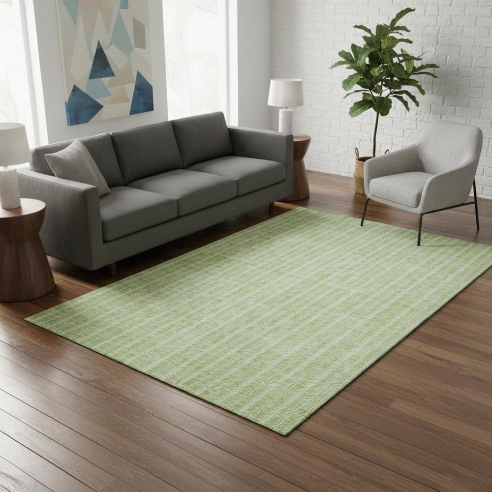 HomeRoots 5' x 8' Artichoke Green & Ivory Striped Area Rug – Durable, Washable, UV-Protected for Busy Homes 673821