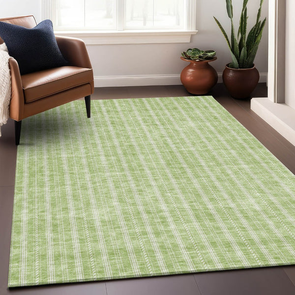 HomeRoots 5' x 8' Artichoke Green & Ivory Striped Area Rug – Durable, Washable, UV-Protected for Busy Homes 673821
