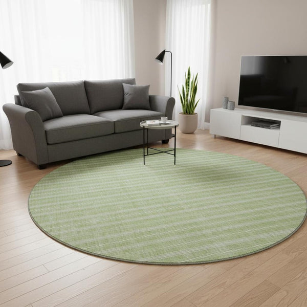 HomeRoots 8' Artichoke Green & Ivory Striped Washable Round Rug with UV Protection for Stylish Living Spaces 673822