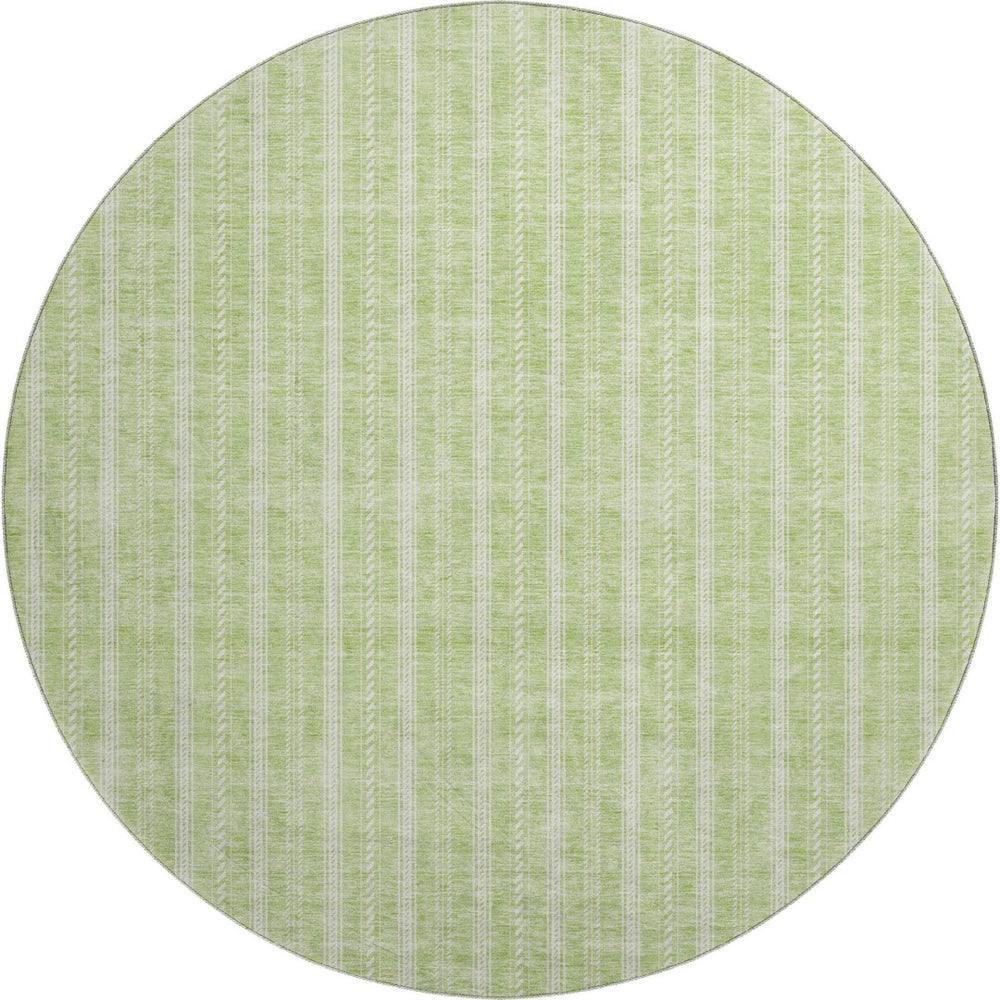 HomeRoots 8' Artichoke Green & Ivory Striped Washable Round Rug with UV Protection for Stylish Living Spaces 673822