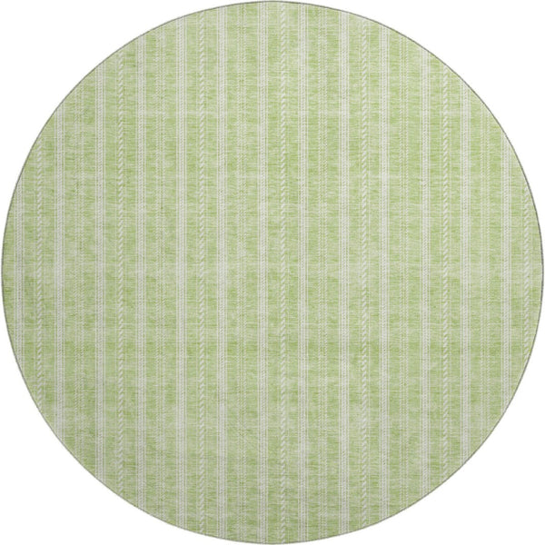 HomeRoots 8' Artichoke Green & Ivory Striped Washable Round Rug with UV Protection for Stylish Living Spaces 673822
