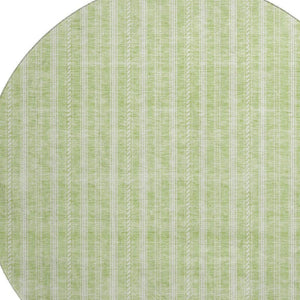 HomeRoots 8' Artichoke Green & Ivory Striped Washable Round Rug with UV Protection for Stylish Living Spaces 673822