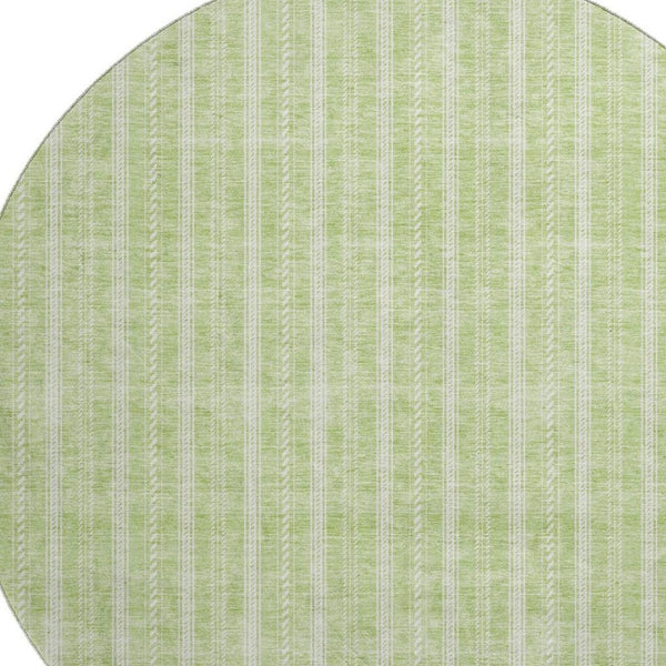 HomeRoots 8' Artichoke Green & Ivory Striped Washable Round Rug with UV Protection for Stylish Living Spaces 673822