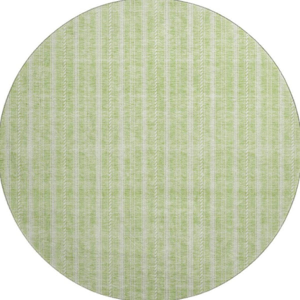 HomeRoots 8' Artichoke Green & Ivory Striped Washable Round Rug with UV Protection for Stylish Living Spaces 673822