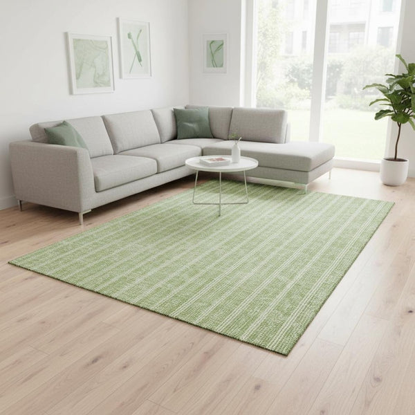 HomeRoots 10' X 14' Artichoke Green Striped Area Rug - Washable, UV-Protected, Durable for Homes with Kids & Pets 673825