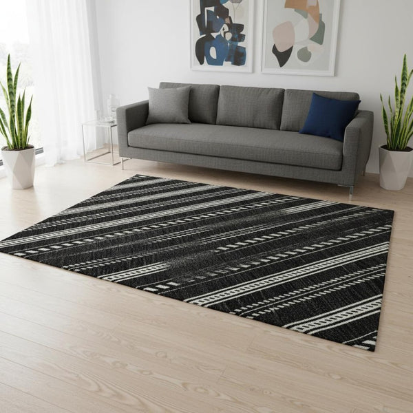 HomeRoots 5' X 8' Black And Ivory Striped Area Rug - Stylish, Washable, UV-Protected, Perfect for Any Room! 673827