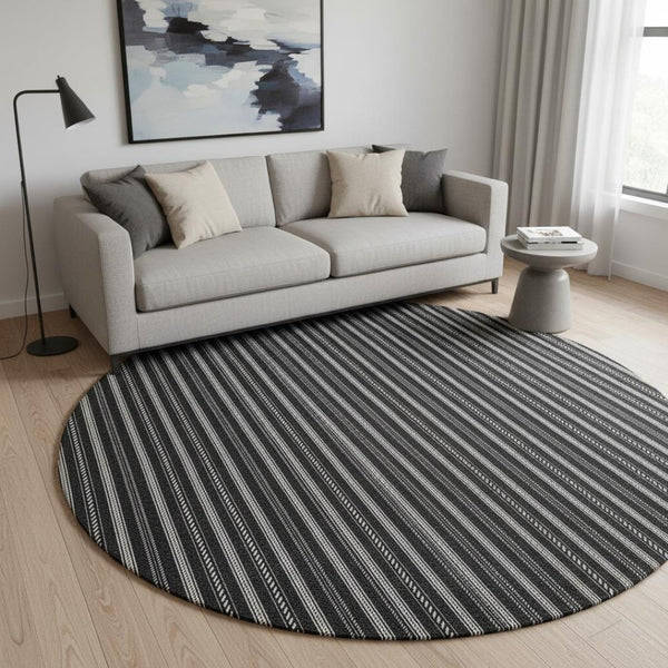HomeRoots 8' Black And Ivory Striped Round Rug - Washable, UV-Protected, Durable Design for High-Traffic Areas 673828