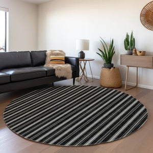 HomeRoots 8' Black And Ivory Striped Round Rug - Washable, UV-Protected, Durable Design for High-Traffic Areas 673828