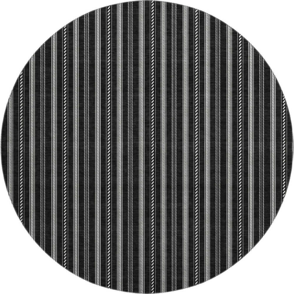 HomeRoots 8' Black And Ivory Striped Round Rug - Washable, UV-Protected, Durable Design for High-Traffic Areas 673828