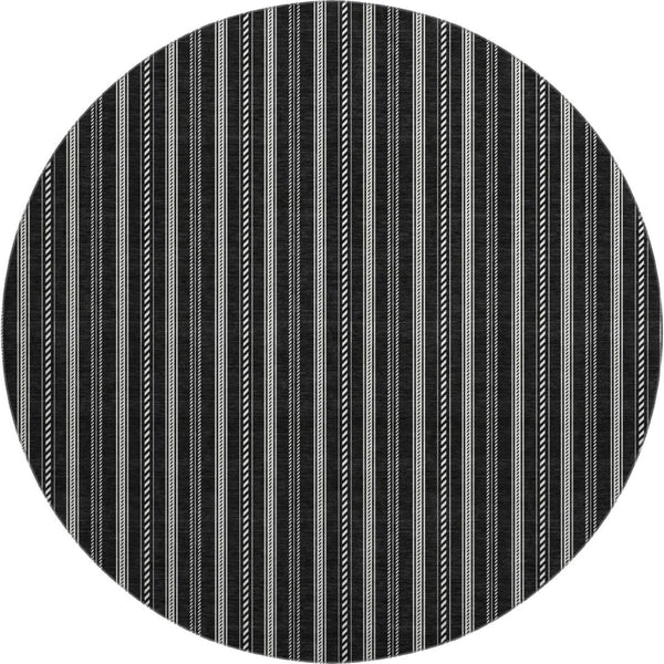HomeRoots 8' Black And Ivory Striped Round Rug - Washable, UV-Protected, Durable Design for High-Traffic Areas 673828