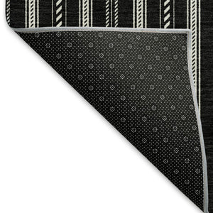 HomeRoots 8' Black And Ivory Striped Round Rug - Washable, UV-Protected, Durable Design for High-Traffic Areas 673828