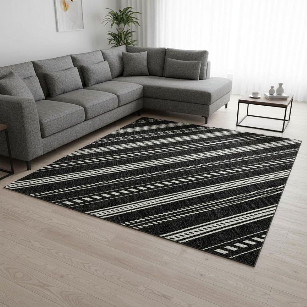 HomeRoots 8' X 10' Black and Ivory Striped Area Rug – Durable, Stain-Resistant & UV Protected for Busy Homes 673829