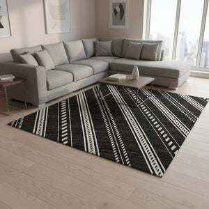 HomeRoots 9' X 12' Striped Black and Ivory Washable Area Rug - Durable, UV Protected, Pet-Friendly Design! 673830
