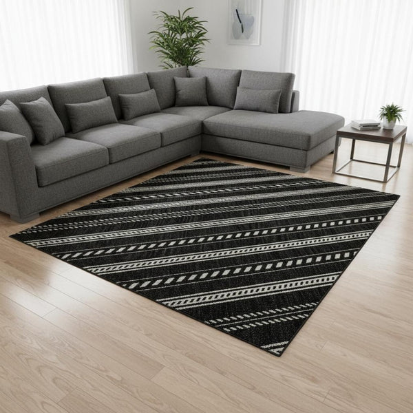 HomeRoots 10' X 14' Black and Ivory Striped Area Rug - Washable, UV-Protected, Durable, Stylish for Any Room 673831