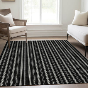 HomeRoots 10' X 14' Black and Ivory Striped Area Rug - Washable, UV-Protected, Durable, Stylish for Any Room 673831