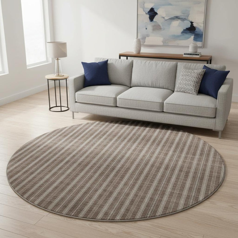 HomeRoots 8' Brown and Ivory Striped Washable Round Rug - Durable, Stain-Resistant with UV Protection for Homes 673840