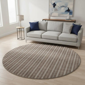 HomeRoots 8' Brown and Ivory Striped Washable Round Rug - Durable, Stain-Resistant with UV Protection for Homes 673840