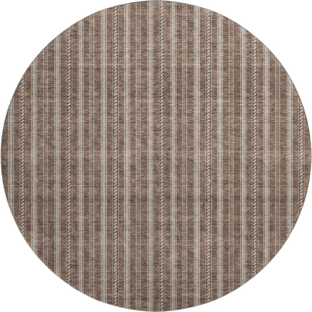 HomeRoots 8' Brown and Ivory Striped Washable Round Rug - Durable, Stain-Resistant with UV Protection for Homes 673840