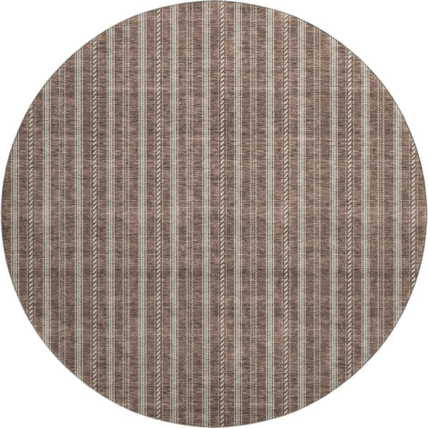 HomeRoots 8' Brown and Ivory Striped Washable Round Rug - Durable, Stain-Resistant with UV Protection for Homes 673840