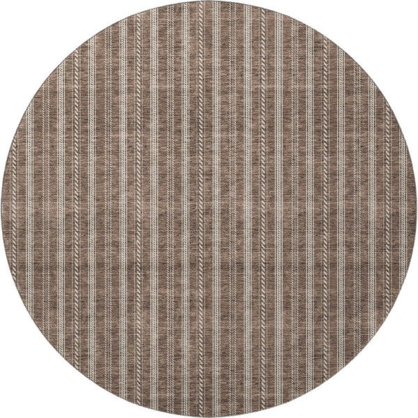 HomeRoots 8' Brown and Ivory Striped Washable Round Rug - Durable, Stain-Resistant with UV Protection for Homes 673840