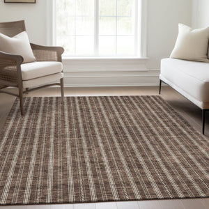 HomeRoots 8' X 10' Brown and Ivory Striped Washable Area Rug – Durable, UV-Protected, Ideal for Busy Homes! 673841