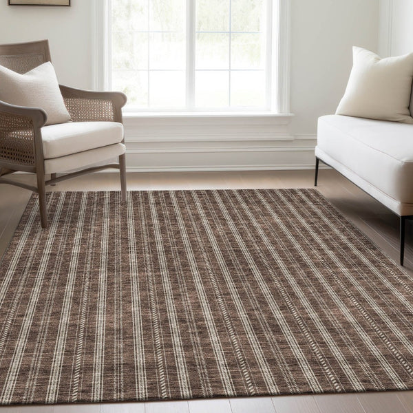 HomeRoots 8' X 10' Brown and Ivory Striped Washable Area Rug – Durable, UV-Protected, Ideal for Busy Homes! 673841