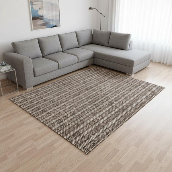 HomeRoots 10' Brown & Ivory Striped Washable Area Rug - Durable, UV Protected, Ideal for Busy Homes & Spaces 673843