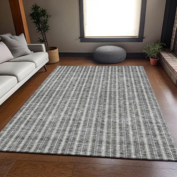 HomeRoots 5' X 8' Gray And Ivory Striped Area Rug - Washable, UV Protected, Stain-Resistant for Homes with Pets 673845