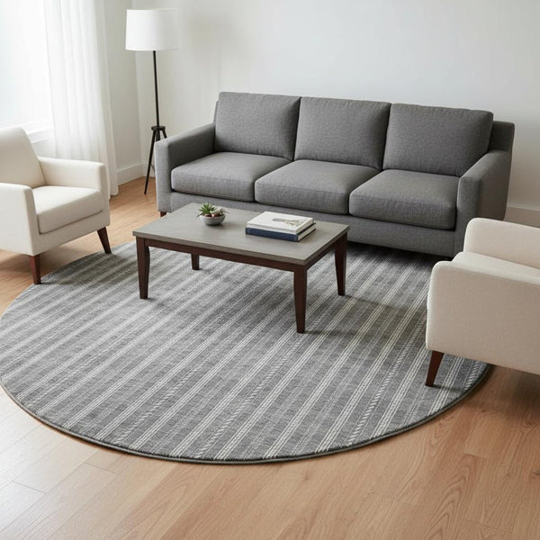 HomeRoots 8' Gray And Ivory Striped Round Washable Rug - UV Protection, Durable and Stylish for Busy Homes 673846