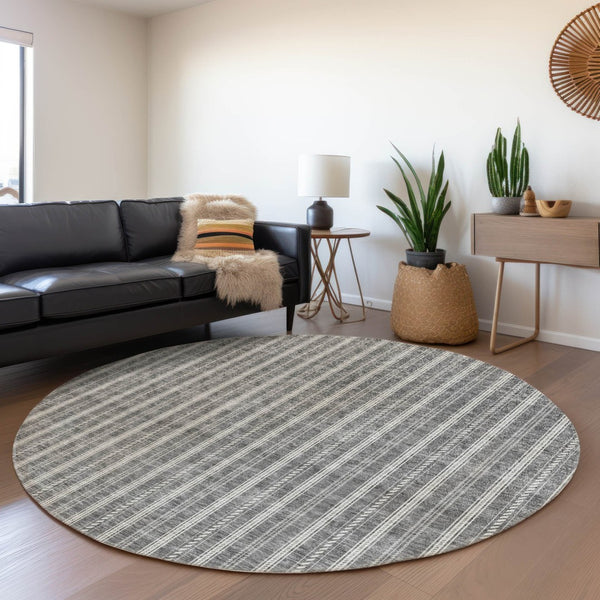HomeRoots 8' Gray And Ivory Striped Round Washable Rug - UV Protection, Durable and Stylish for Busy Homes 673846