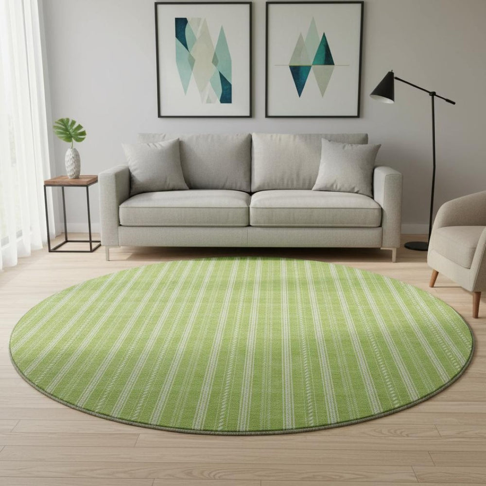 HomeRoots 8' Vibrant Lime Green & Ivory Striped Washable Round Rug - UV Protected, Durable for High-Traffic Areas 673858