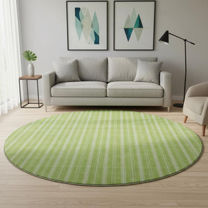 HomeRoots 8' Vibrant Lime Green & Ivory Striped Washable Round Rug - UV Protected, Durable for High-Traffic Areas 673858