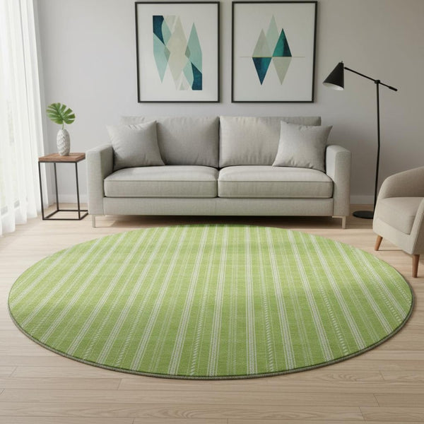 HomeRoots 8' Vibrant Lime Green & Ivory Striped Washable Round Rug - UV Protected, Durable for High-Traffic Areas 673858