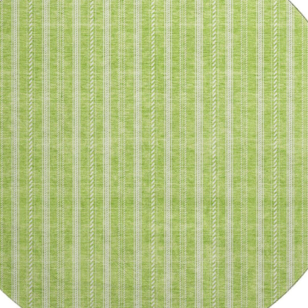 HomeRoots 8' Vibrant Lime Green & Ivory Striped Washable Round Rug - UV Protected, Durable for High-Traffic Areas 673858