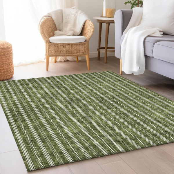 HomeRoots 5' X 8' Olive Green Striped Area Rug - Washable, UV Protected, Durable for Kids & Pets, Stylish Decor 673863